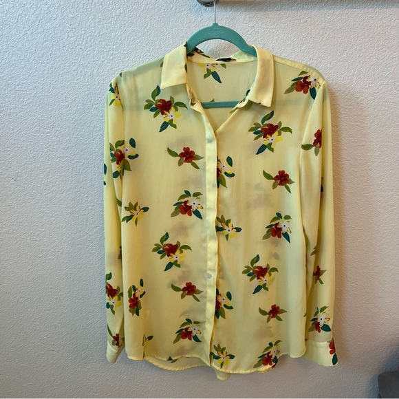 ANN TAYLOR  factory Yellow Floral Button Down Long Sleeve Blouse - Picture 1 of 8